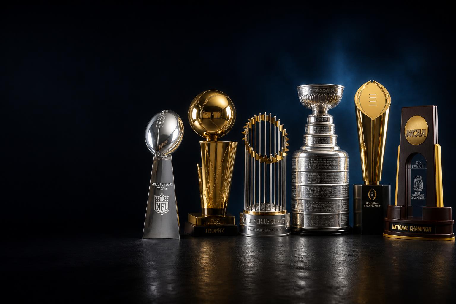 Championship trophies of the NFL, NBA, NHL, MLB, College Football, and NCAA Basketball